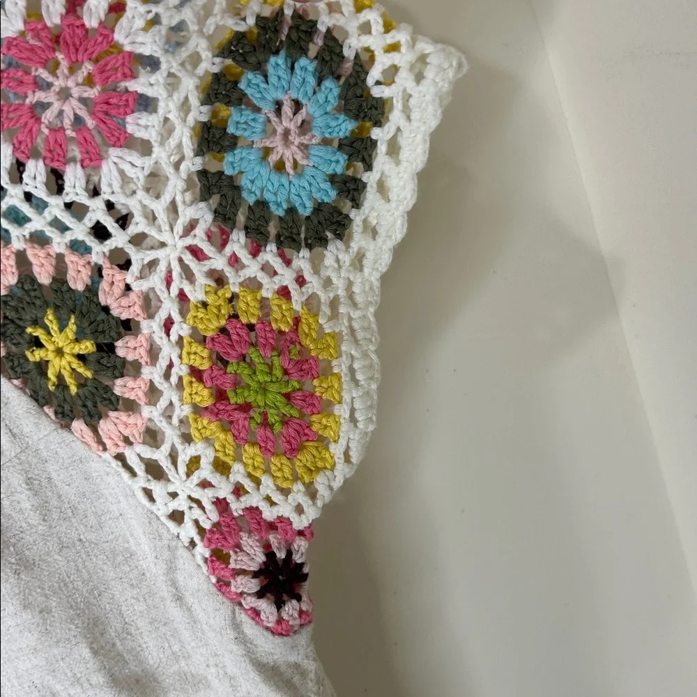 UMGEE Frayed Hem Linen Blend Colorful Crochet Sleeve Boho Tunic Top Size Small - Picture 13 of 14